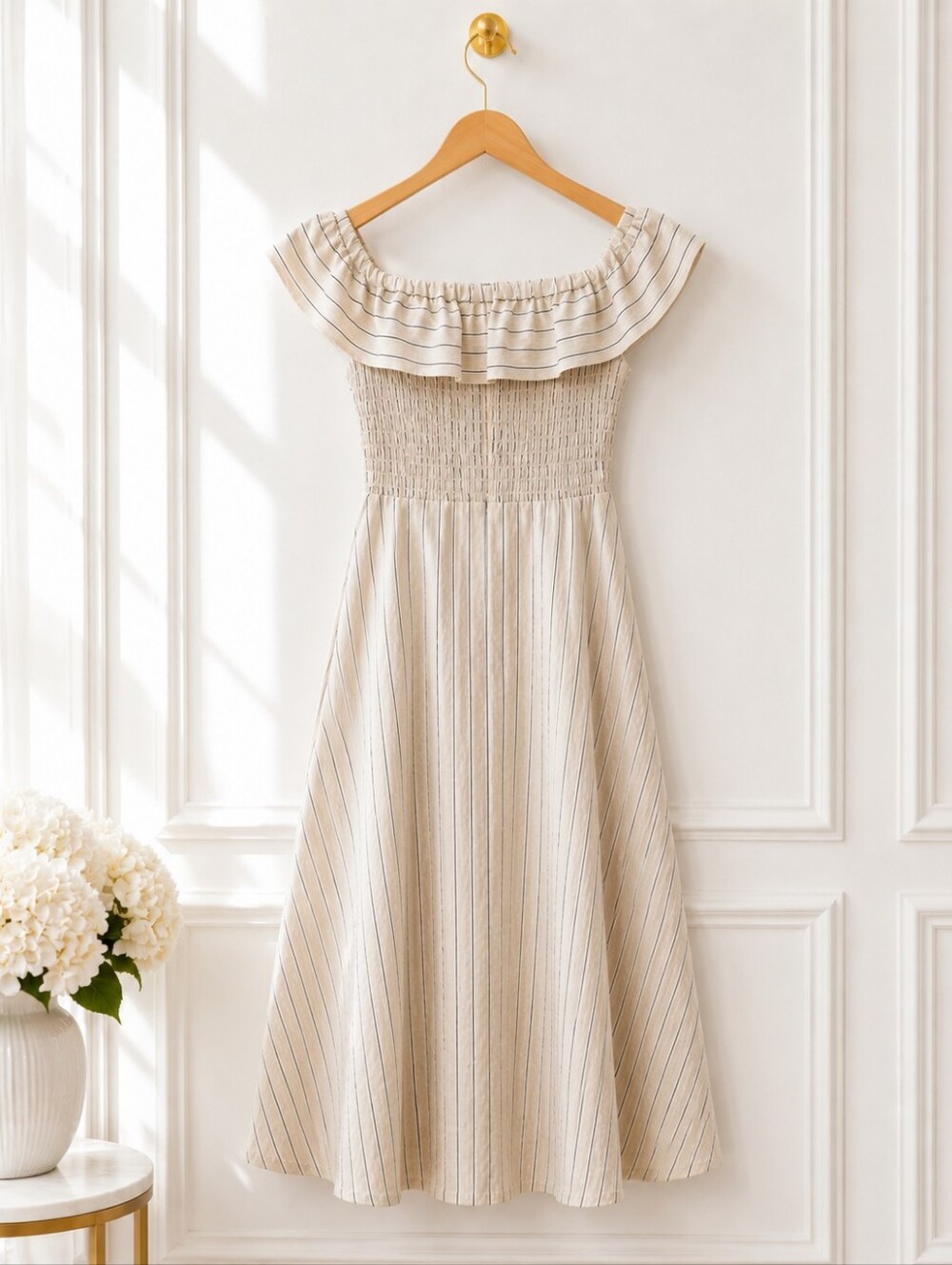 NWT Ann Taylor Navy Pinstripe Midi Dress Size 4|Off-Shoulder Ruffle Fit & Flare - Picture 7 of 9